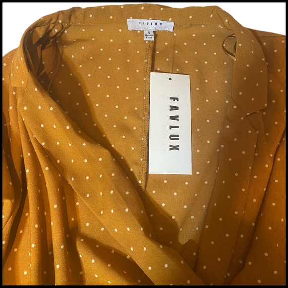 NWT FAVLUX LONG SLEEVE SURPLICE HIGH LOW HEM MUSTARD POLKA DOT BLOUSE - Picture 8 of 9